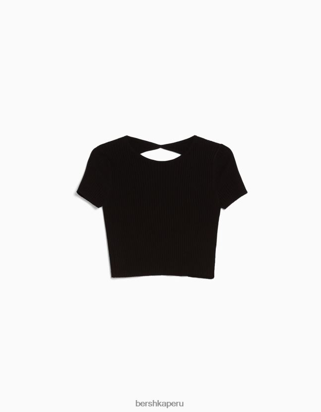 negro Bershka mujer suéter de canalé de manga corta con espalda abierta 806J6B305