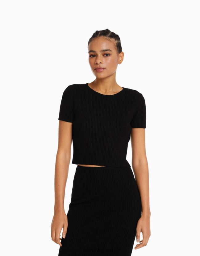 negro Bershka mujer suéter de canalé de manga corta con espalda abierta 806J6B306