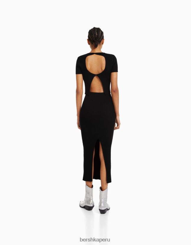 negro Bershka mujer suéter de canalé de manga corta con espalda abierta 806J6B306