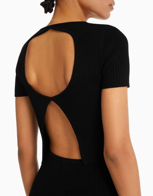 negro Bershka mujer suéter de canalé de manga corta con espalda abierta 806J6B306