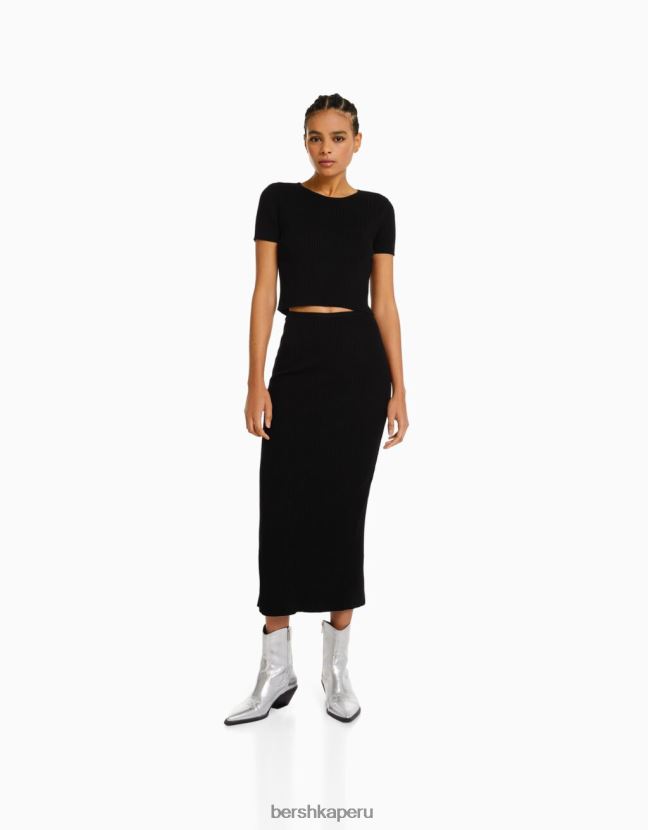 negro Bershka mujer suéter de canalé de manga corta con espalda abierta 806J6B306