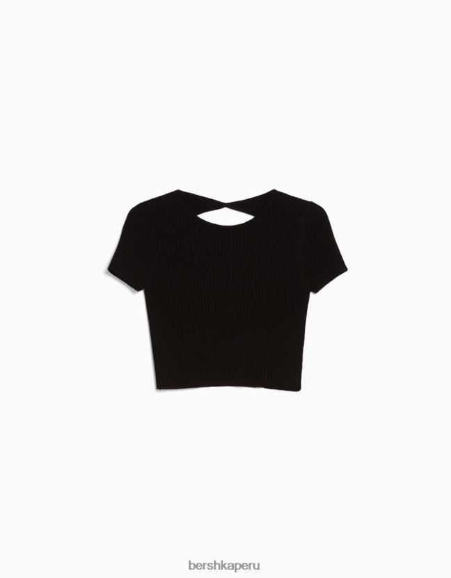 negro Bershka mujer suéter de canalé de manga corta con espalda abierta 806J6B306