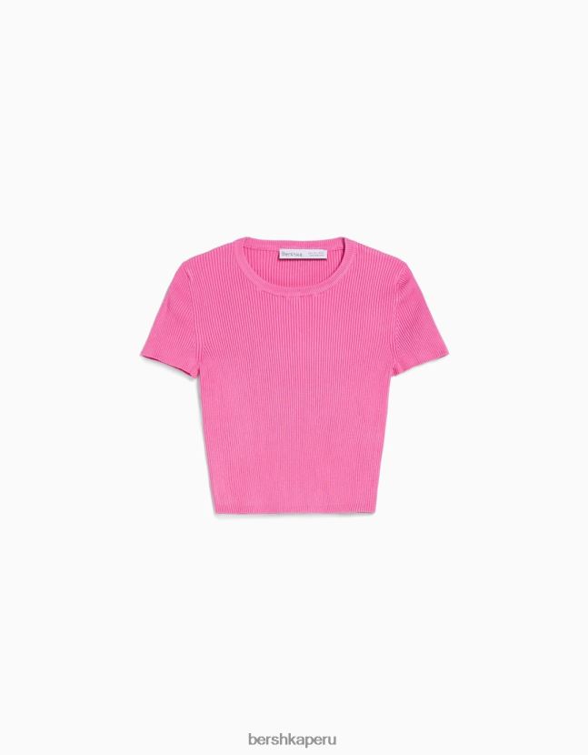 rosa Bershka mujer jersey de canalé de manga corta 806J6B612