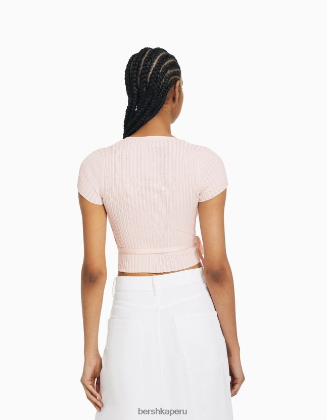 rosa Bershka mujer jersey de manga corta tipo bailarina cruzado con lazo 806J6B536