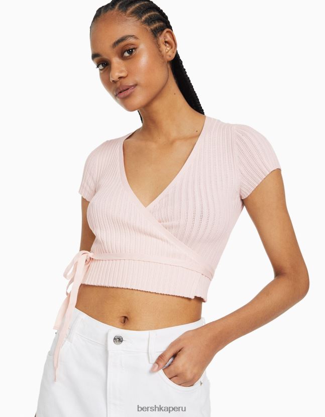 rosa Bershka mujer jersey de manga corta tipo bailarina cruzado con lazo 806J6B536