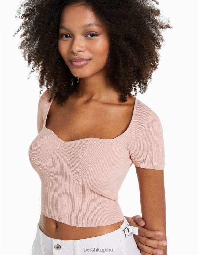 rosa Bershka mujer jersey de punto de manga corta con escote corazón 806J6B539