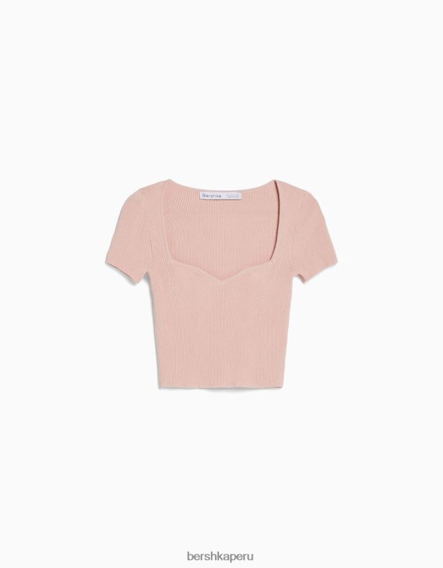 rosa Bershka mujer jersey de punto de manga corta con escote corazón 806J6B539