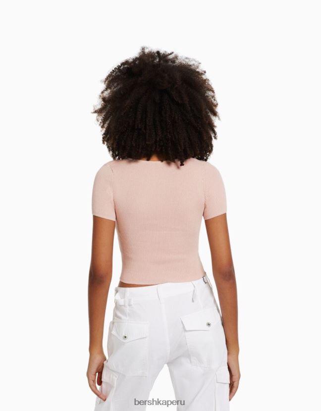 rosa Bershka mujer jersey de punto de manga corta con escote corazón 806J6B540