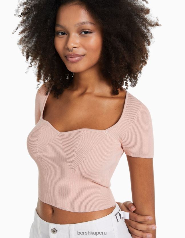 rosa Bershka mujer jersey de punto de manga corta con escote corazón 806J6B540