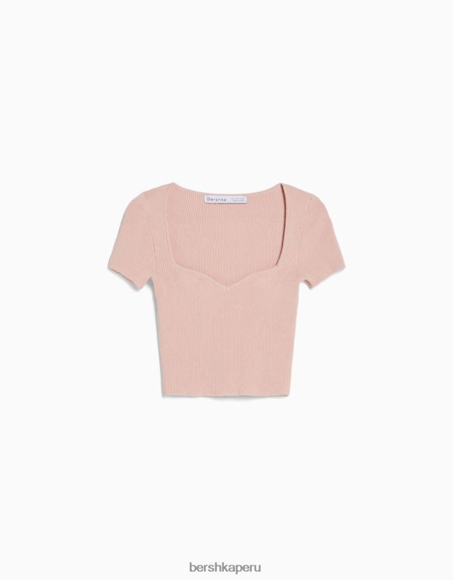 rosa Bershka mujer jersey de punto de manga corta con escote corazón 806J6B540