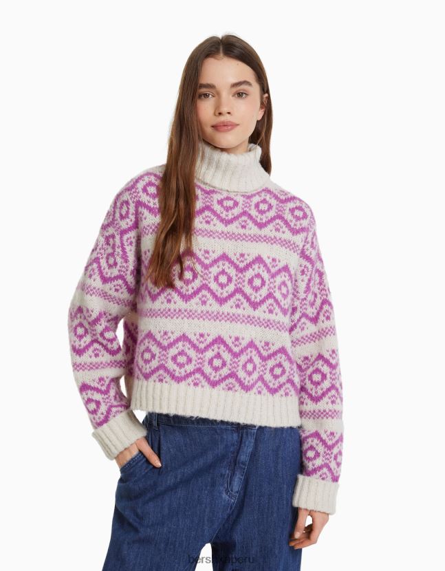 rosa Bershka mujer suéter con cuello alto en jacquard 806J6B1076