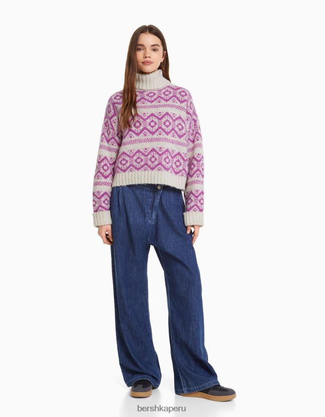rosa Bershka mujer suéter con cuello alto en jacquard 806J6B1076