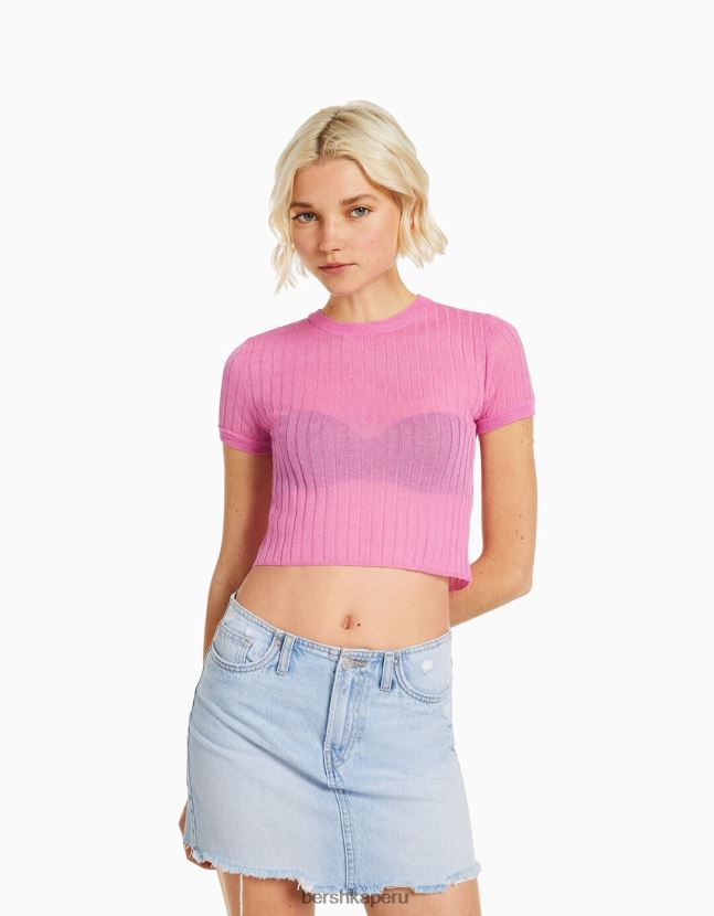 rosa Bershka mujer suéter de canalé translúcido de manga corta 806J6B1901