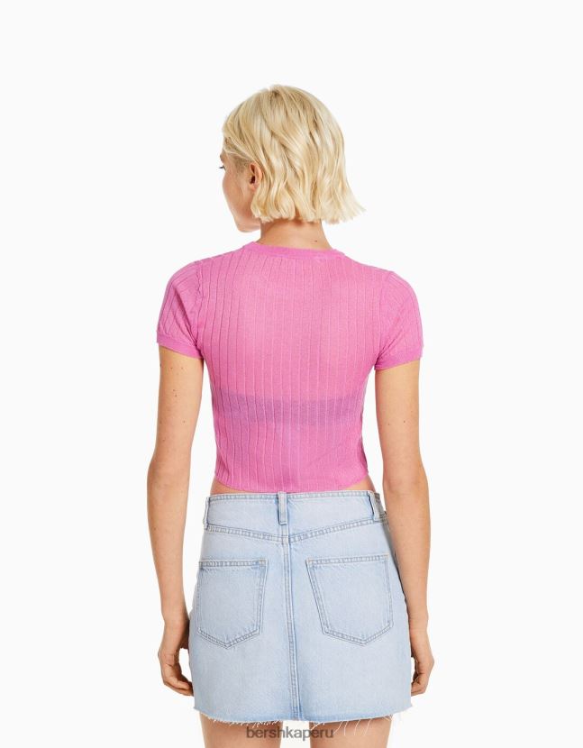 rosa Bershka mujer suéter de canalé translúcido de manga corta 806J6B1901
