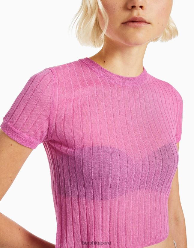 rosa Bershka mujer suéter de canalé translúcido de manga corta 806J6B1901