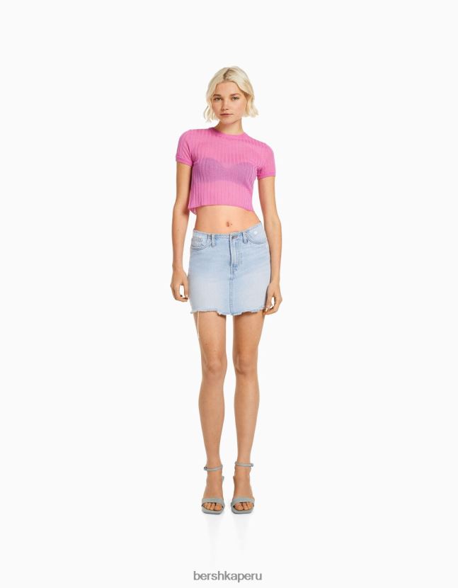 rosa Bershka mujer suéter de canalé translúcido de manga corta 806J6B1901