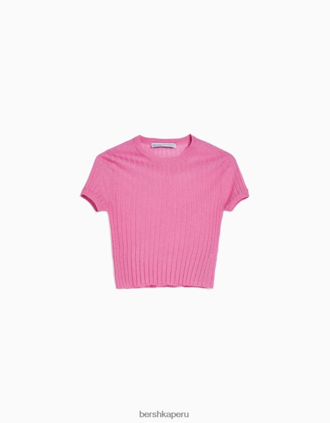 rosa Bershka mujer suéter de canalé translúcido de manga corta 806J6B1901