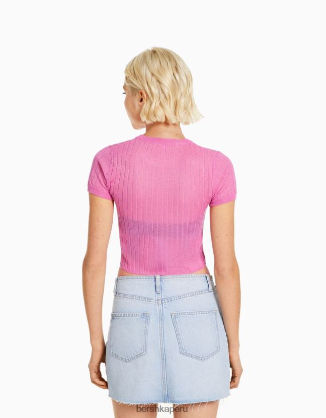 rosa Bershka mujer suéter de canalé translúcido de manga corta 806J6B1902