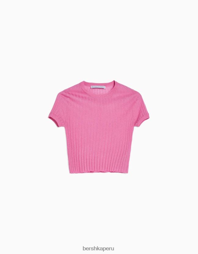 rosa Bershka mujer suéter de canalé translúcido de manga corta 806J6B1902