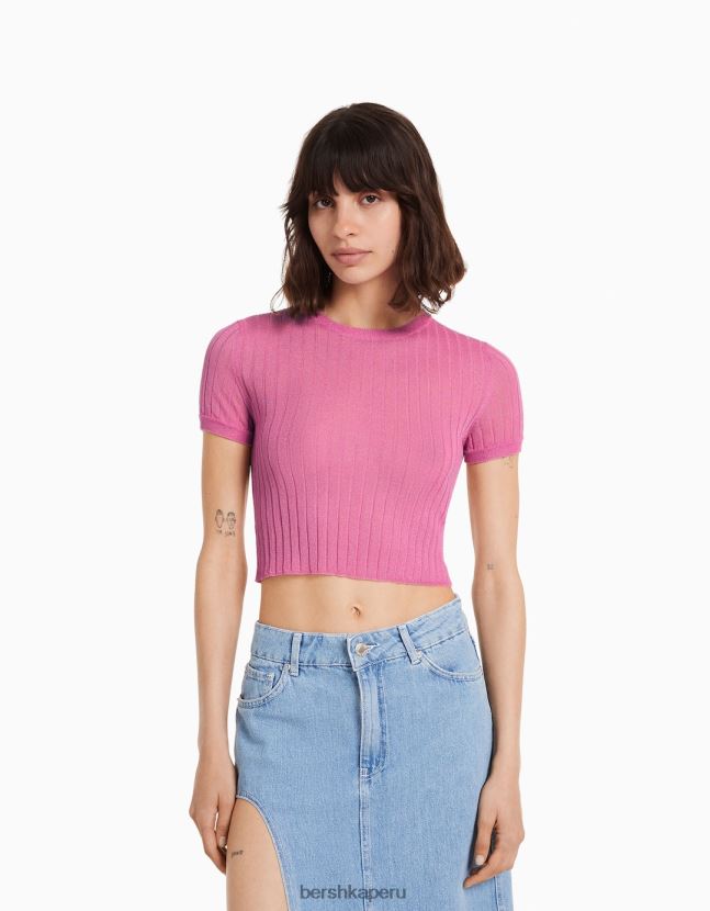 rosa Bershka mujer suéter de canalé translúcido de manga corta 806J6B496