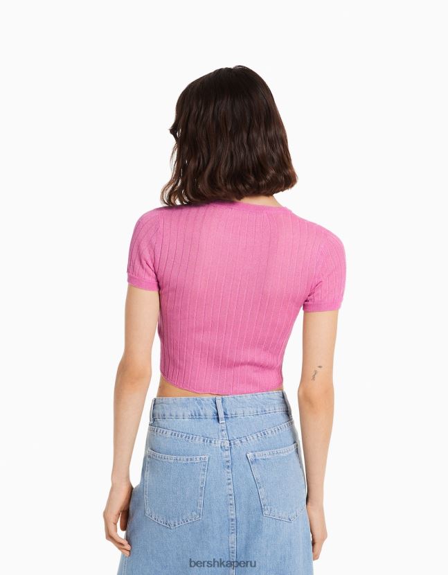 rosa Bershka mujer suéter de canalé translúcido de manga corta 806J6B496