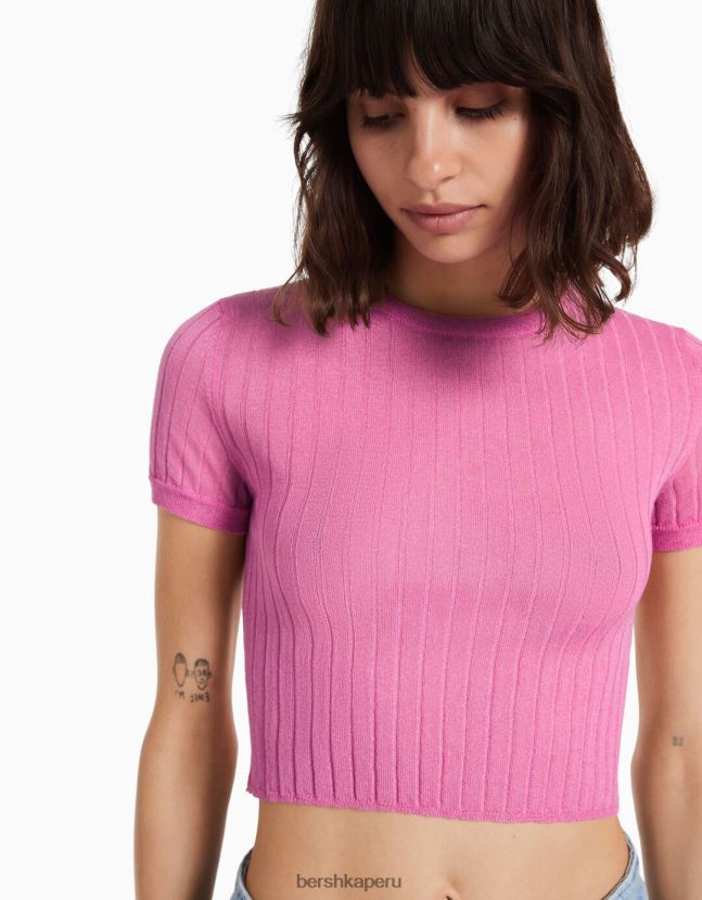 rosa Bershka mujer suéter de canalé translúcido de manga corta 806J6B496