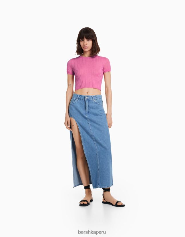 rosa Bershka mujer suéter de canalé translúcido de manga corta 806J6B496