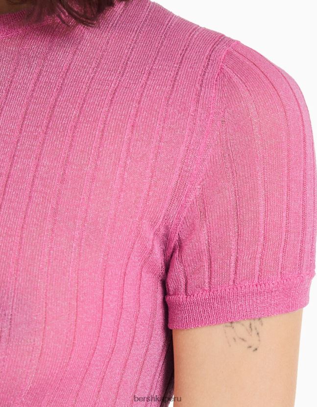 rosa Bershka mujer suéter de canalé translúcido de manga corta 806J6B496