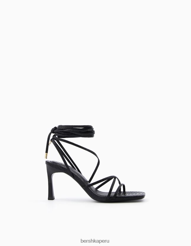 negro Bershka mujer sandalias de tacón alto con estampado animal grabado y cordones 806J6B1836