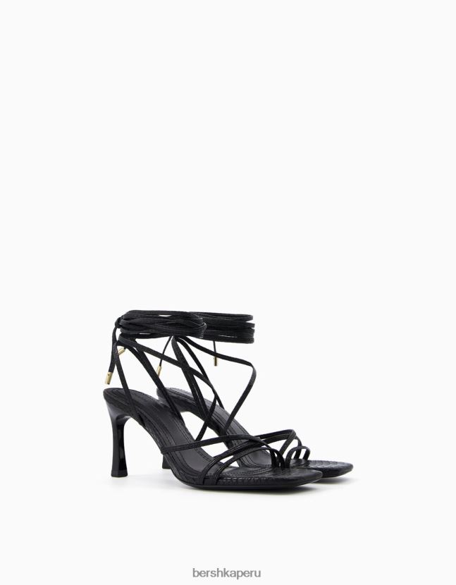 negro Bershka mujer sandalias de tacón alto con estampado animal grabado y cordones 806J6B2175