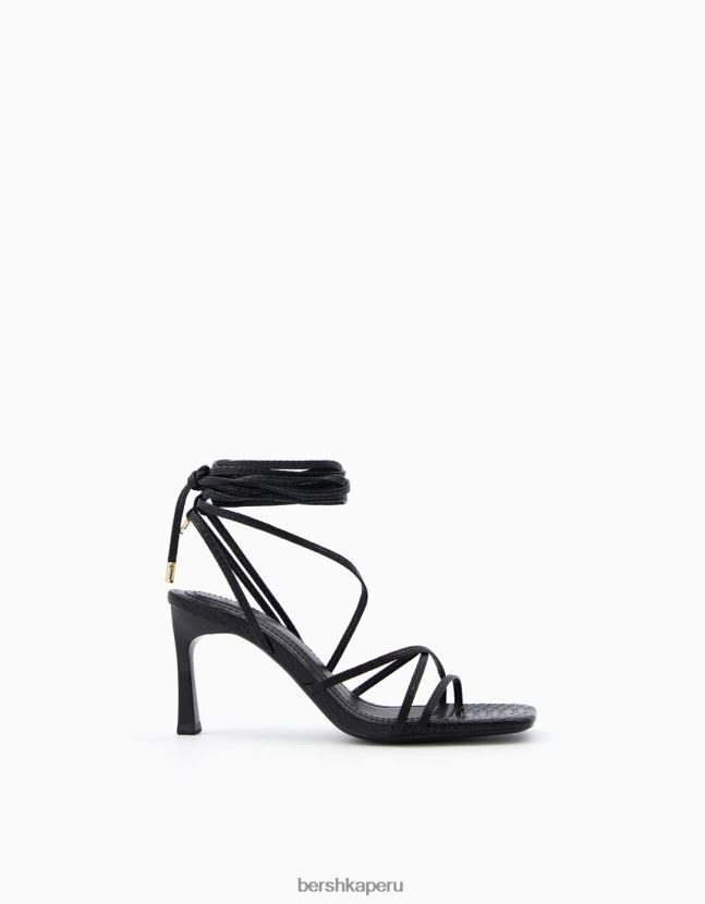 negro Bershka mujer sandalias de tacón alto con estampado animal grabado y cordones 806J6B2175