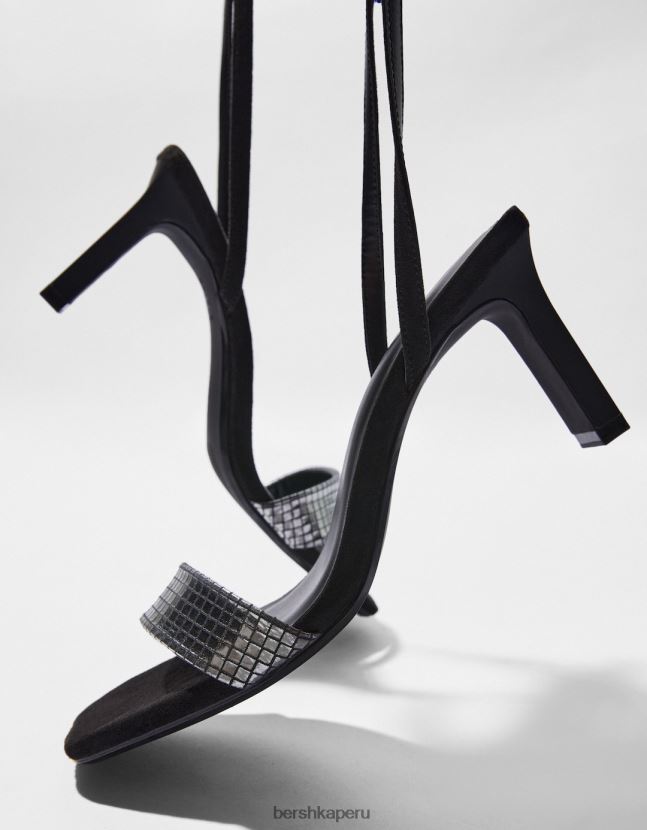 negro Bershka mujer sandalias de tacón con pulsera al tobillo y empeine metalizado 806J6B2194