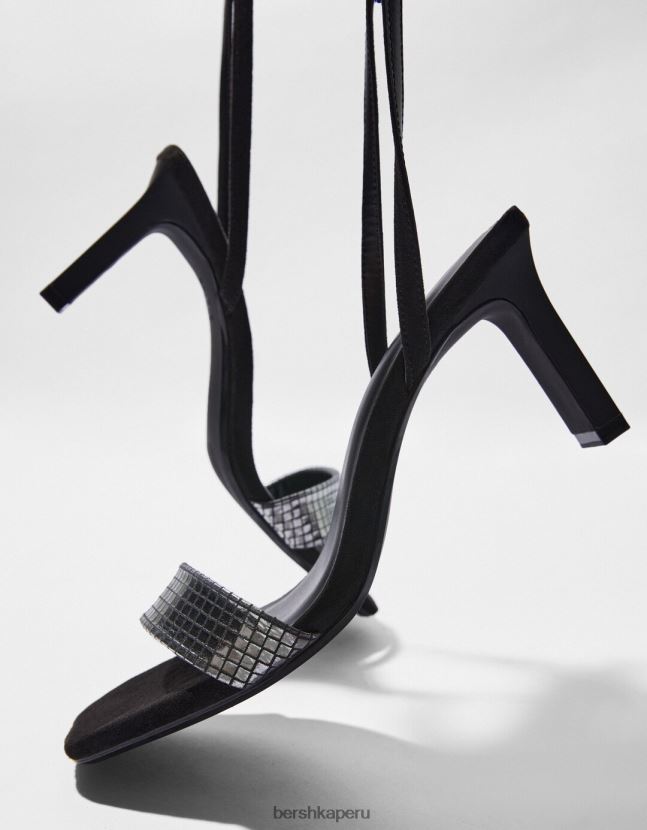 negro Bershka mujer sandalias de tacón con pulsera al tobillo y empeine metalizado 806J6B2197