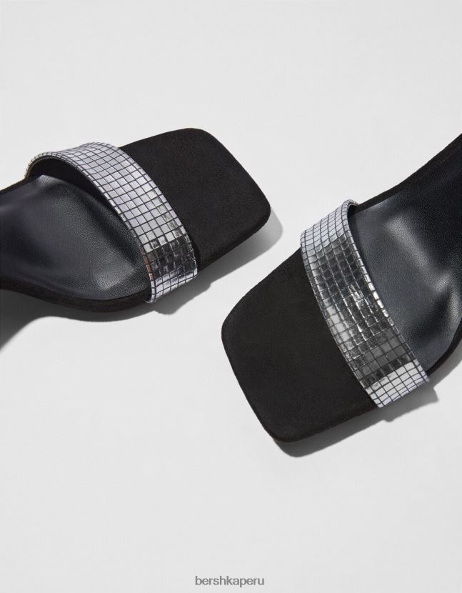 negro Bershka mujer sandalias de tacón con pulsera al tobillo y empeine metalizado 806J6B2197