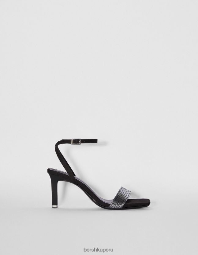 negro Bershka mujer sandalias de tacón con pulsera al tobillo y empeine metalizado 806J6B2197