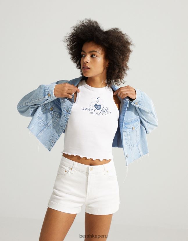 blanco Bershka unisexo shorts de sarga confort con dobladillos vueltos 806J6B4027
