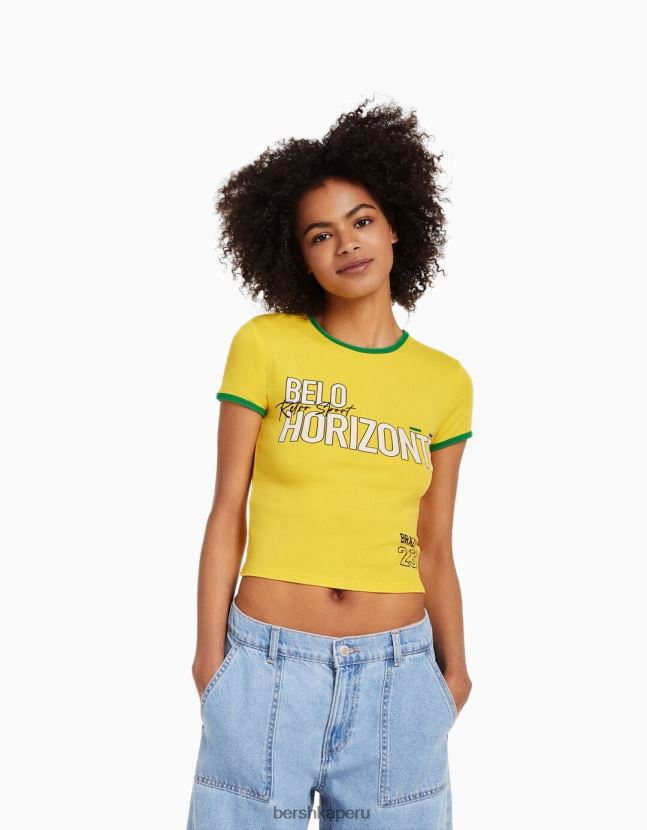 amarillo Bershka unisexo camiseta de manga corta con estampado 806J6B3732