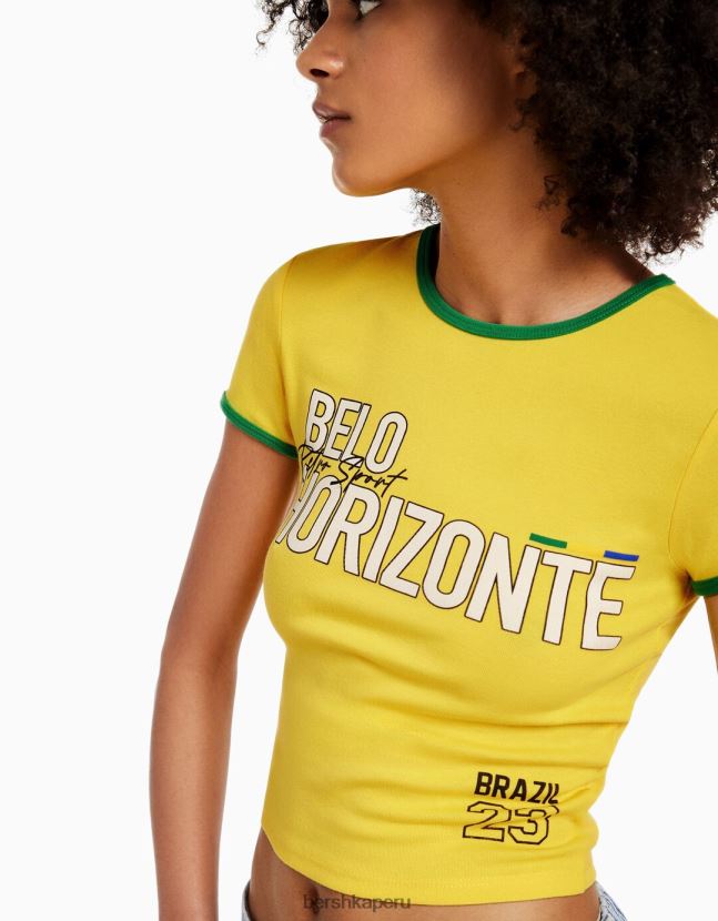 amarillo Bershka unisexo camiseta de manga corta con estampado 806J6B3732