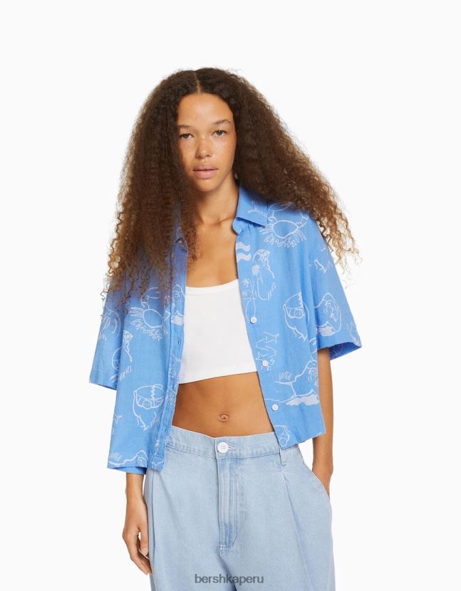 azul Bershka unisexo camisa rústica manga corta texturizada 806J6B3793