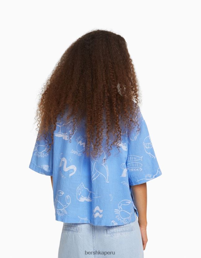 azul Bershka unisexo camisa rústica manga corta texturizada 806J6B3793