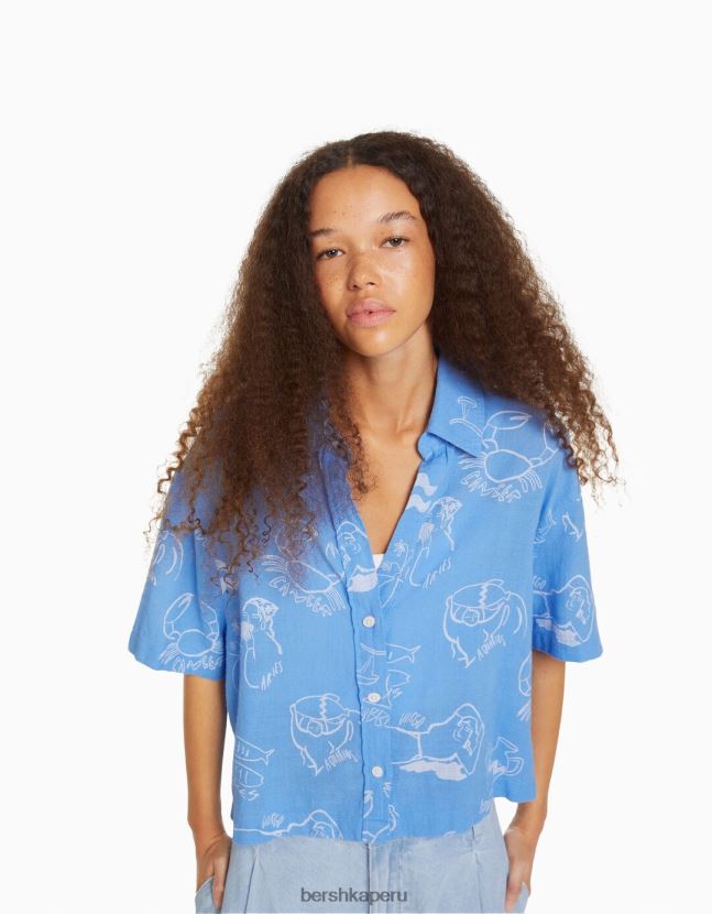 azul Bershka unisexo camisa rústica manga corta texturizada 806J6B3793