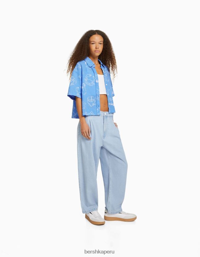 azul Bershka unisexo camisa rústica manga corta texturizada 806J6B3793