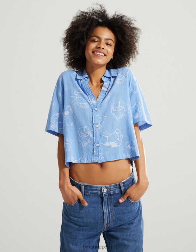 azul Bershka unisexo camisa rústica manga corta texturizada 806J6B3793