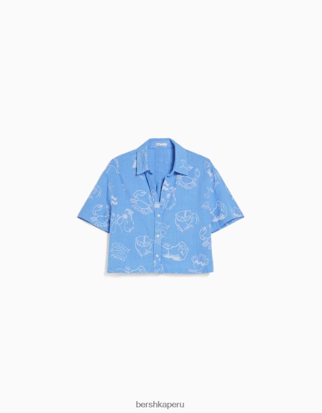 azul Bershka unisexo camisa rústica manga corta texturizada 806J6B3793