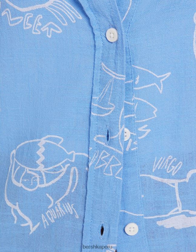 azul Bershka unisexo camisa rústica manga corta texturizada 806J6B3793