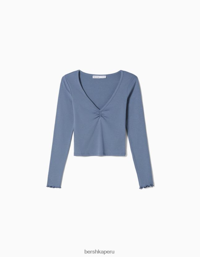 azul Bershka unisexo camiseta de manga larga con cuello de pico fruncido 806J6B3838