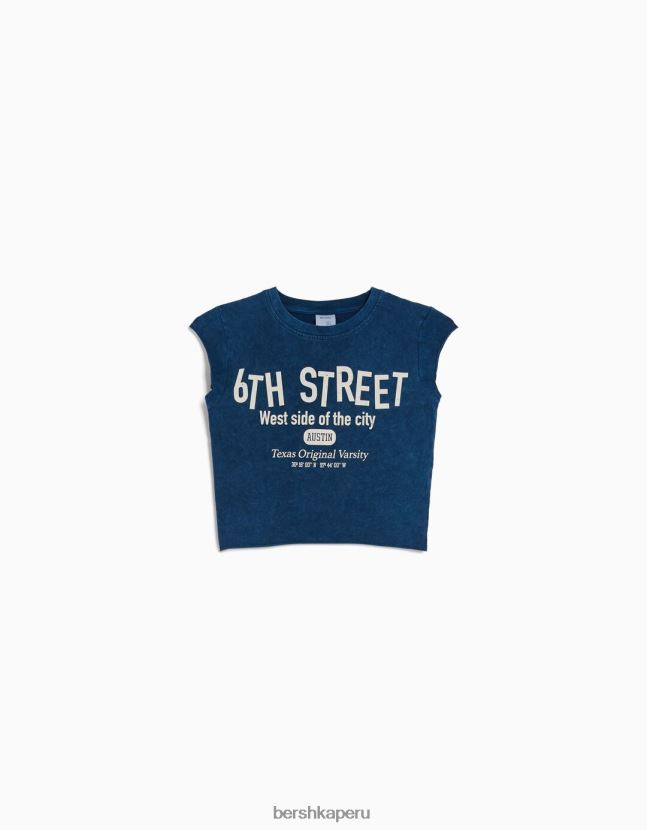 azul claro Bershka unisexo camiseta cropped de manga corta con estampado 806J6B3739