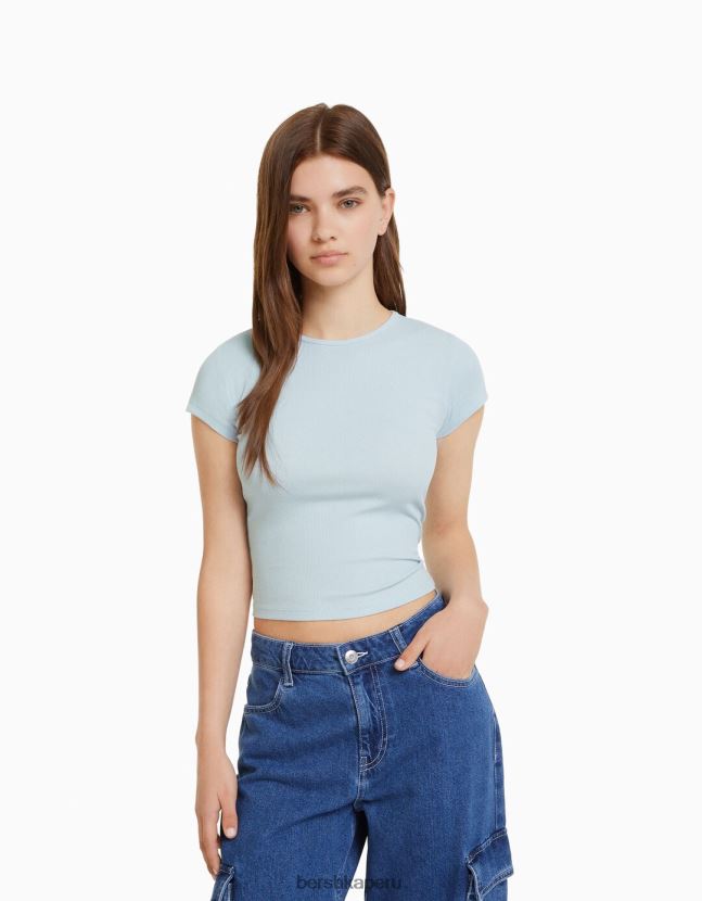 azul claro Bershka unisexo camiseta de canalé manga corta 806J6B3716