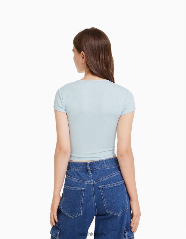 azul claro Bershka unisexo camiseta de canalé manga corta 806J6B3716