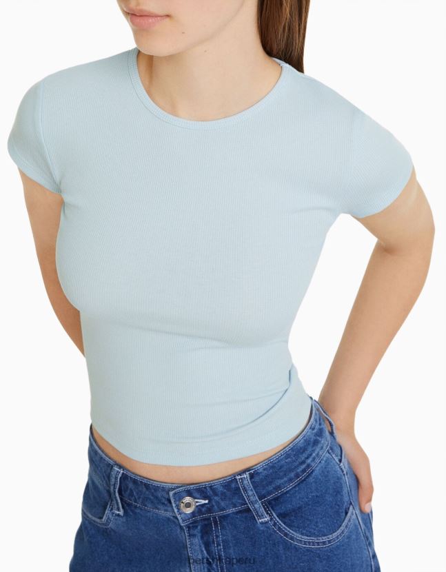 azul claro Bershka unisexo camiseta de canalé manga corta 806J6B3716